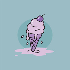 Pink Ice Cream Cone with Cherry Topping Cartoon Dessert Illustration