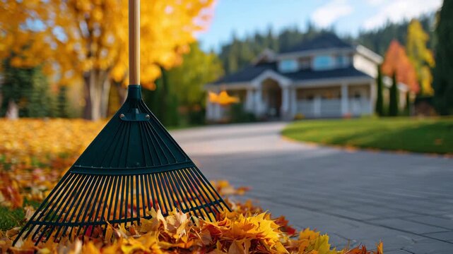 73Close-up on rake handle and autumn foliage being gathered, background shows soft-focus suburban driveway and yard, golden afternoon tones