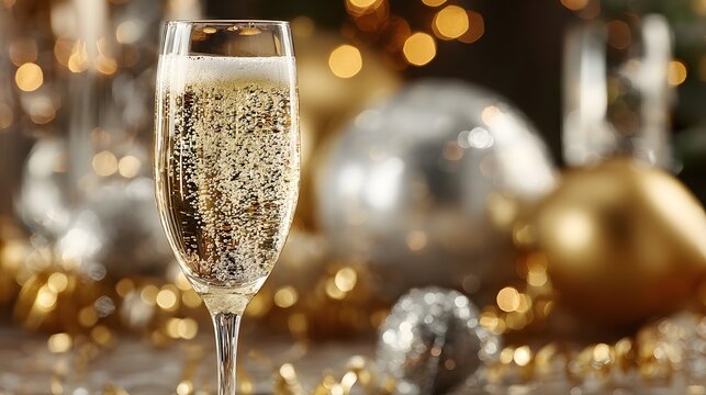 Elegant, celebratory photo of a single champagne flute filled with bubbly wine, with a glamorous background of blurred silver and gold balloons.