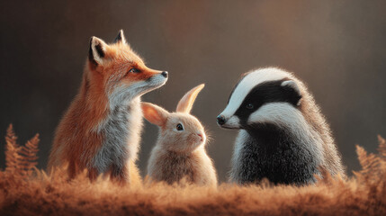 Obraz premium A captivating portrait of woodland creatures a fox, a rabbit, and a badger together. Symbolizes friendship, nature, and harmony. Ideal for childrens books, education, or heartwarming designs.