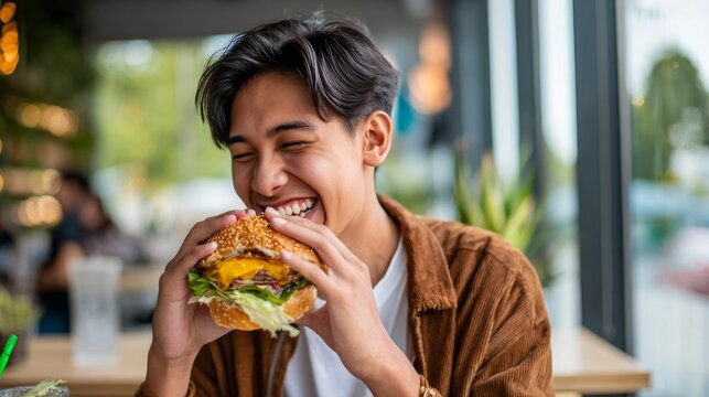 A joyful teenager enjoys a tasty vegan burger packed with fresh veggies at a cafe, embracing the Veganuary challenge this January