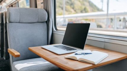 Minimalist workspace on a train with a laptop and notebook, showcasing remote work lifestyle and travel convenience for digital nomads