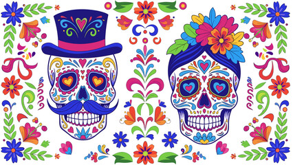Vibrant Day of the Dead Sugar Skulls Couple with Floral Ornaments. Traditional Mexican Calaveras Design for Día de Muertos Celebration. Festive Fol...