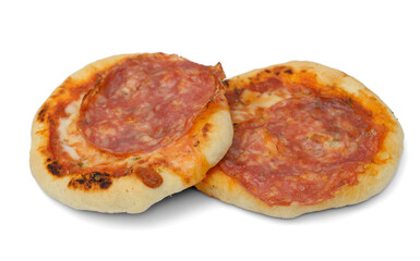 Mini pizza with salami and buns on a white background