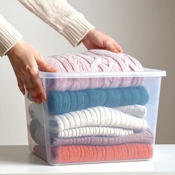 A person's hands place a folded knit sweater into a clear plastic storage bin holding neatly stacked clothing