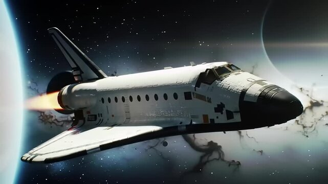 Space shuttle in flight against a starry background with dramatic lighting