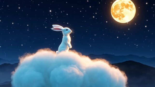 Silhouette of a mystical rabbit perched on a fluffy cloud, set against a luminous orange full moon glowing in the night sky, creating a magical and enchanting atmosphere