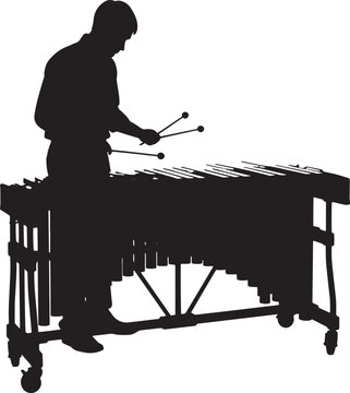 Musician playing a marimba or xylophone with mallets silhouette vector.