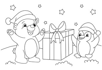 Coloring book page for Christmas. Polar bear and penguin in Santa hats standing in front of giant present, happy and smiling.
