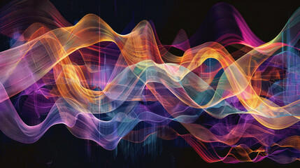 Neon digital terrain wave abstract with glowing blue and orange flowing surfaces