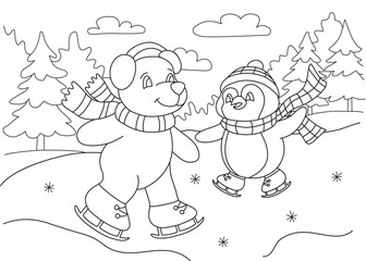 Winter coloring book page. Polar bear and penguin ice skating on the lake in forest. Winter outfit.  
