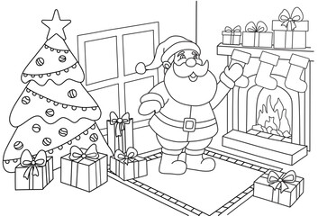 Coloring book page for Christmas. Santa in the living room leaving presents.
