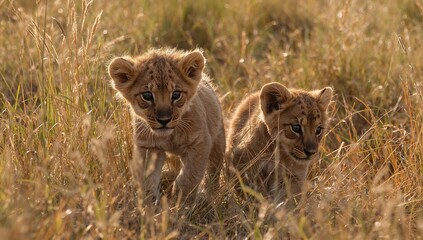 Obraz premium Two Playful Lion Cubs Explore the Tall Grass in the African Savanna During Golden Hour Sunlight