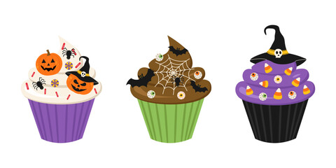 Halloween cupcake set. Sweet and spooky holiday dessert featuring pumpkins, spiders, eyeballs, cobwebs, and bats.