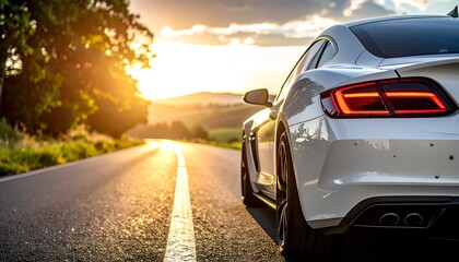 A sleek white sports car parked beside a winding road at sunset, with lush green hills in the background