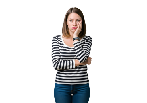 Frustrated young woman in black and white striped shirt, resting chin on hand with a bored and pensive expression, looking to the side, isolated on transparent background.