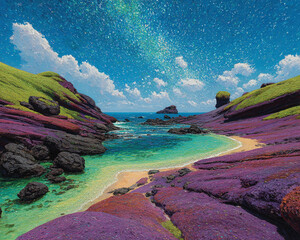 Dreamlike coastal landscape of a secluded cove with a sandy beach, purple cliffs, and a spectacular galaxy visible in the bright blue daytime sky