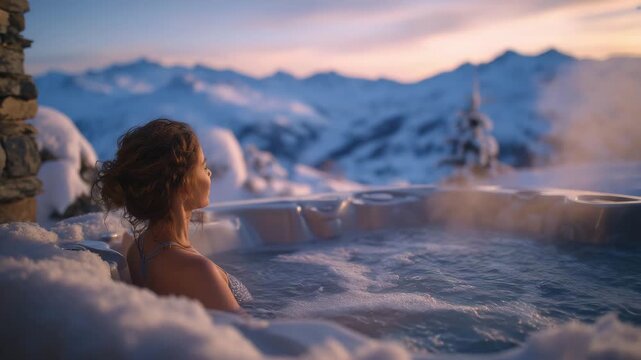 145Winter retreat scene, woman relaxing in steaming hot tub surrounded by snow, panoramic mountain view at sunset, warm water contrasting crisp cold surroundings, tranquil expression