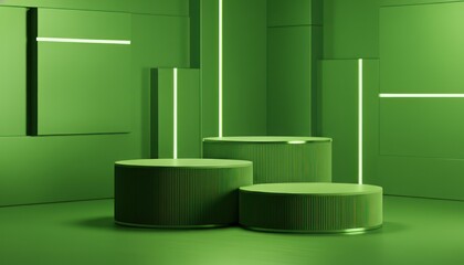 Vibrant green cylindrical product display podiums in a modern geometric studio with glowing neon lights