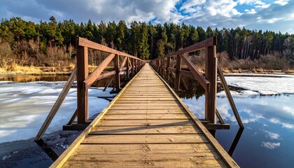 Wooden bridge over river with forest backdrop.