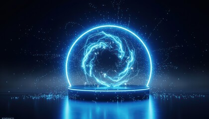 Futuristic blue energy portal with electric swirling light in a neon ring on a podium, abstract digital power display