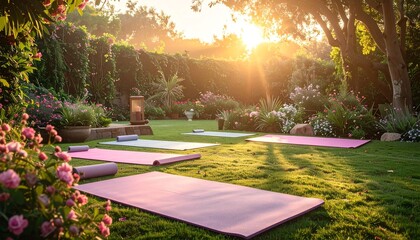 Yoga mats on grass with garden backdrop.