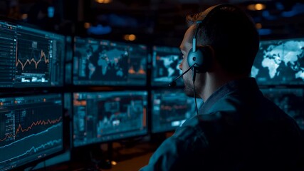 Cybersecurity analyst monitoring global data activity on multiple screens with real-time charts and maps in advanced network operations center - Powered by Adobe