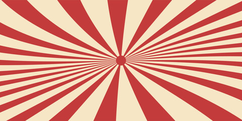 Red sunburst lines on yellow Background. Light sun rays pattern. Vintage stripes halftone radial wallpaper for poster, banner, advertising backdrop, comic or circus scene.