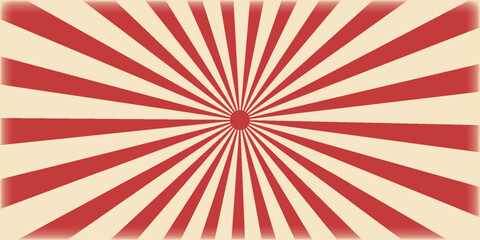 Red sunburst lines on yellow Background. Light sun rays pattern. Vintage stripes halftone radial wallpaper for poster, banner, advertising backdrop, comic or circus scene.