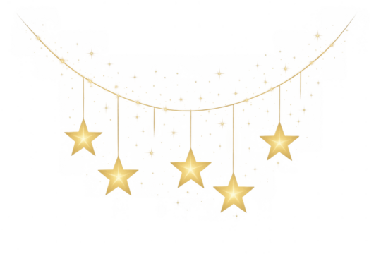 Glowing gold stars hanging on string lights, festive christmas or holiday season decoration on transparent background - Powered by Adobe