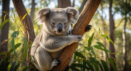 Naklejka premium A Curious Koalas Gentle Gaze from a Sunlit Eucalyptus Tree Branch.