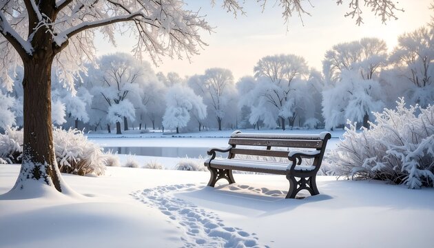 Serene winter landscape featuring a snow-covered bench beside a frozen lake, surrounded by frosty trees
