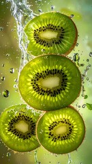 Fresh kiwi slices splashing in water, showcasing vibrant green colors and refreshing ambiance