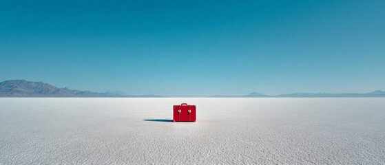A red suitcase sits on a white salt flat with mountains in the distance and blue skies above it