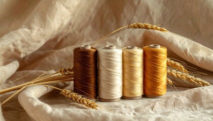 Four spools of thread in earthy tones arranged on a textured fabric with wheat stalks in the background