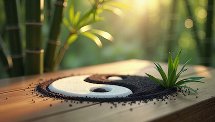  Yin yang sand pattern with bamboo and plant in sunlight.