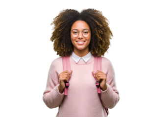 Cheerful African American Female Student with Natural Curly Hair, Glasses, and Pink Backpack Smiling Confidently, isolated on transparent background.