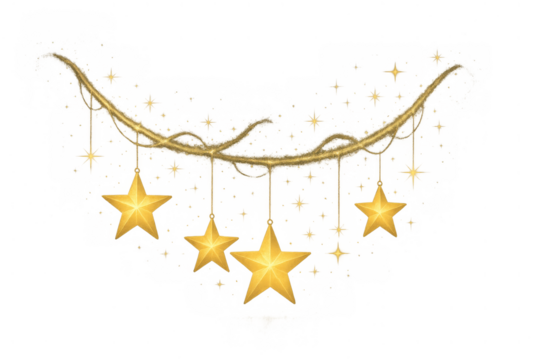 Golden stars garland hanging, glowing decorative element for holidays and celebrations, transparent background