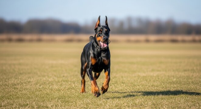 Energetic Doberman Pinscher Running Towards Camera on Sunny Field, Blurred Background. - Powered by Adobe