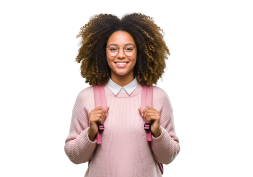 Cheerful African American Female Student with Natural Curly Hair, Glasses, and Pink Backpack Smiling Confidently, isolated on transparent background. - Powered by Adobe