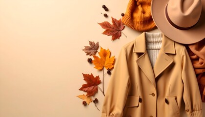 Autumn fashion flat lay featuring a stylish coat, hat, and colorful leaves on a warm background