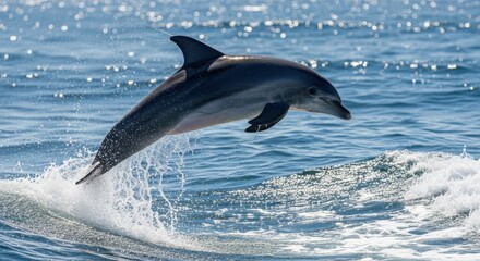 Dynamic Dolphin Leaping from Sparkling Blue Ocean Waves, Capturing Wild Freedom and Joyful Energy.