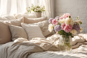 Naklejka premium Glass vase with bouquet placed on bed with beige bedding