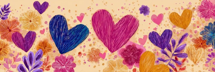 Colorful hand drawn hearts and flowers background, cute romantic spring banner illustration, perfect for Valentine’s Day, Mother’s Day, wedding invitations.