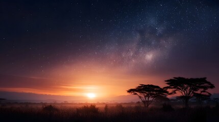Fototapeta premium Serene African savanna at twilight with acacia trees silhouetted against a vibrant sunset sky and the Milky Way