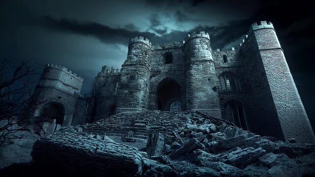 Ancient stone castle ruins under dark stormy night sky with dramatic lighting and eerie atmosphere showing medieval architecture and mystery