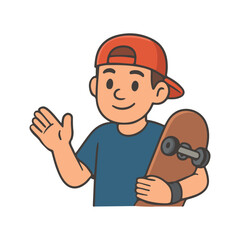 Boy holding skateboard and waving hand illustration. Friendly skater character smiling in casual outfit.