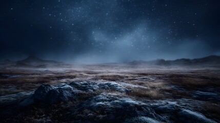 A breathtaking vast and desolate rocky landscape covered in moss and dry grass bathed in the ethereal light of a star filled night sky with swirling