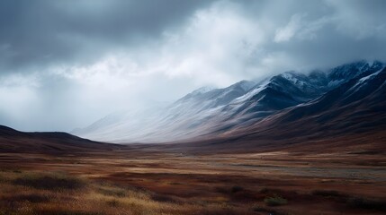A dramatic atmospheric landscape featuring vast barren plains leading to mist shrouded snow capped mountains under a cloudy sky