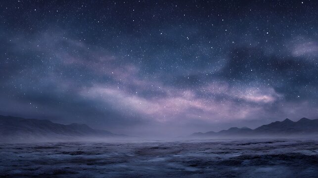 A vast starlit night sky blankets a desolate mist shrouded landscape with distant mountains - Powered by Adobe